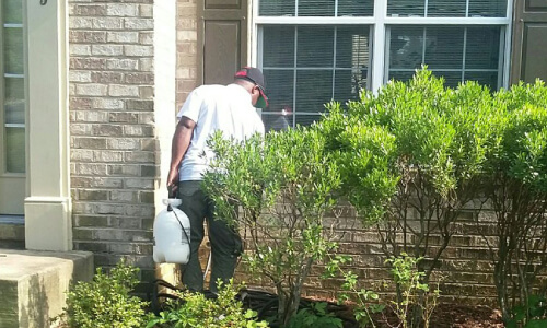 James applies pest control in the bushes at a home near Gaithersburg, MD.